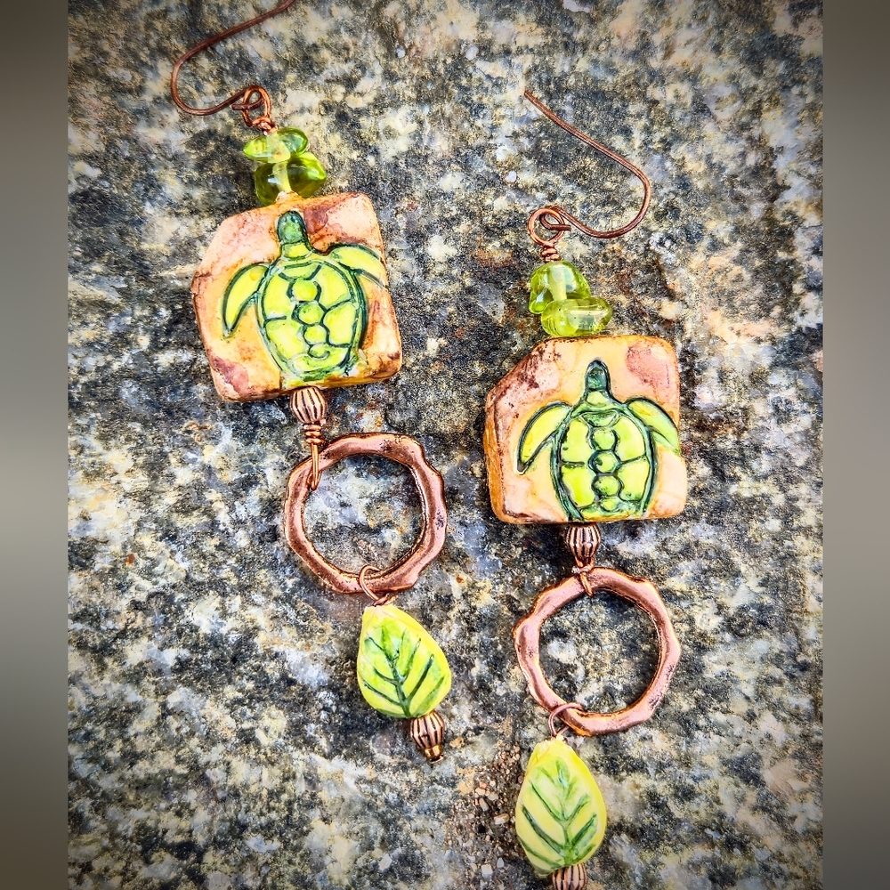 Rustic Farmhouse Green Turtle Clay & Genuine Peridot Stones In Copper Earrings